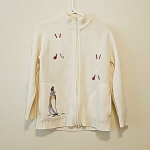 LeRoy Knitwear | Vintage White Zip Up Sweater with Golf Club Embroidery